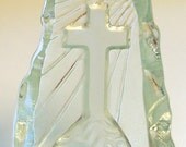 Vintage Cut and Etched Glass Figurine of a Cross in Stone / Thick Cut Glass / Religious Paper Weight