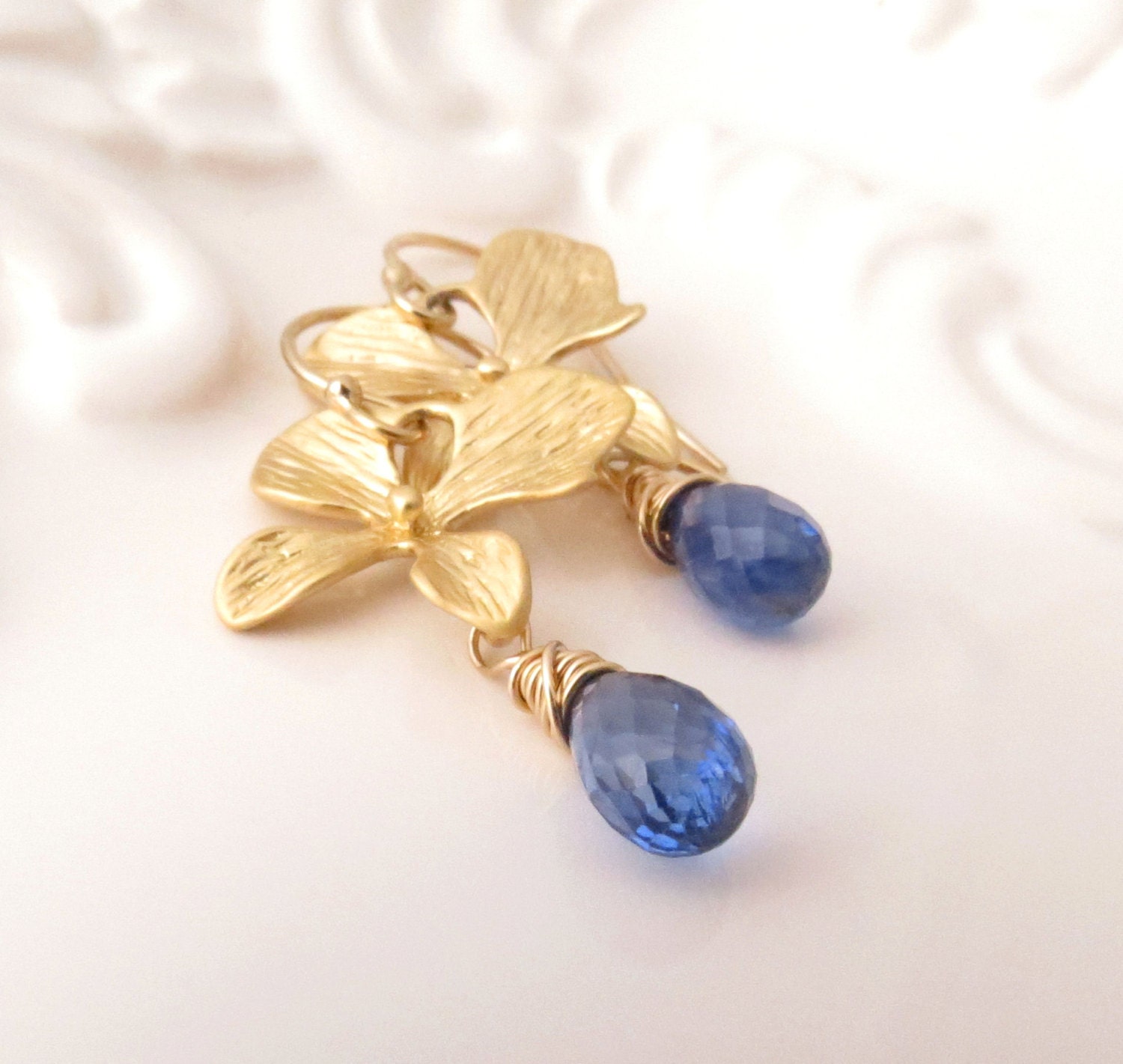 Kyanite Briolette with Gold Orchid Earrings
