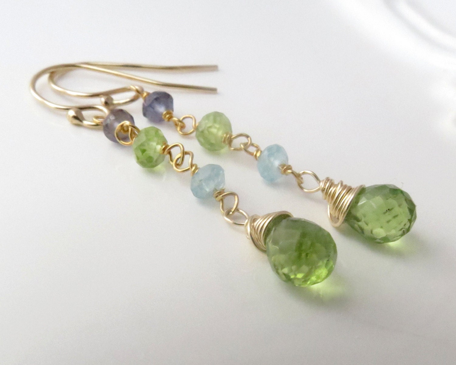 Peridot Briolette Multi Gemstone Gold Earrings