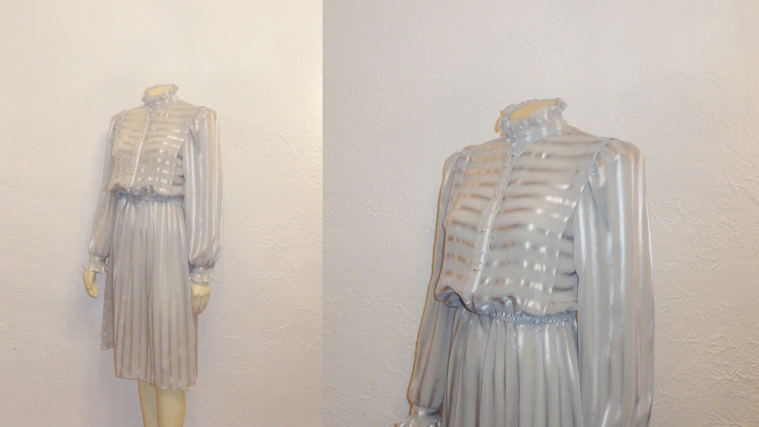 Vintage Shirtwaist Dress 70s Secretary Shimmering Silver Gray & Gold Pinstripes Size 12  Modern Small to Medium