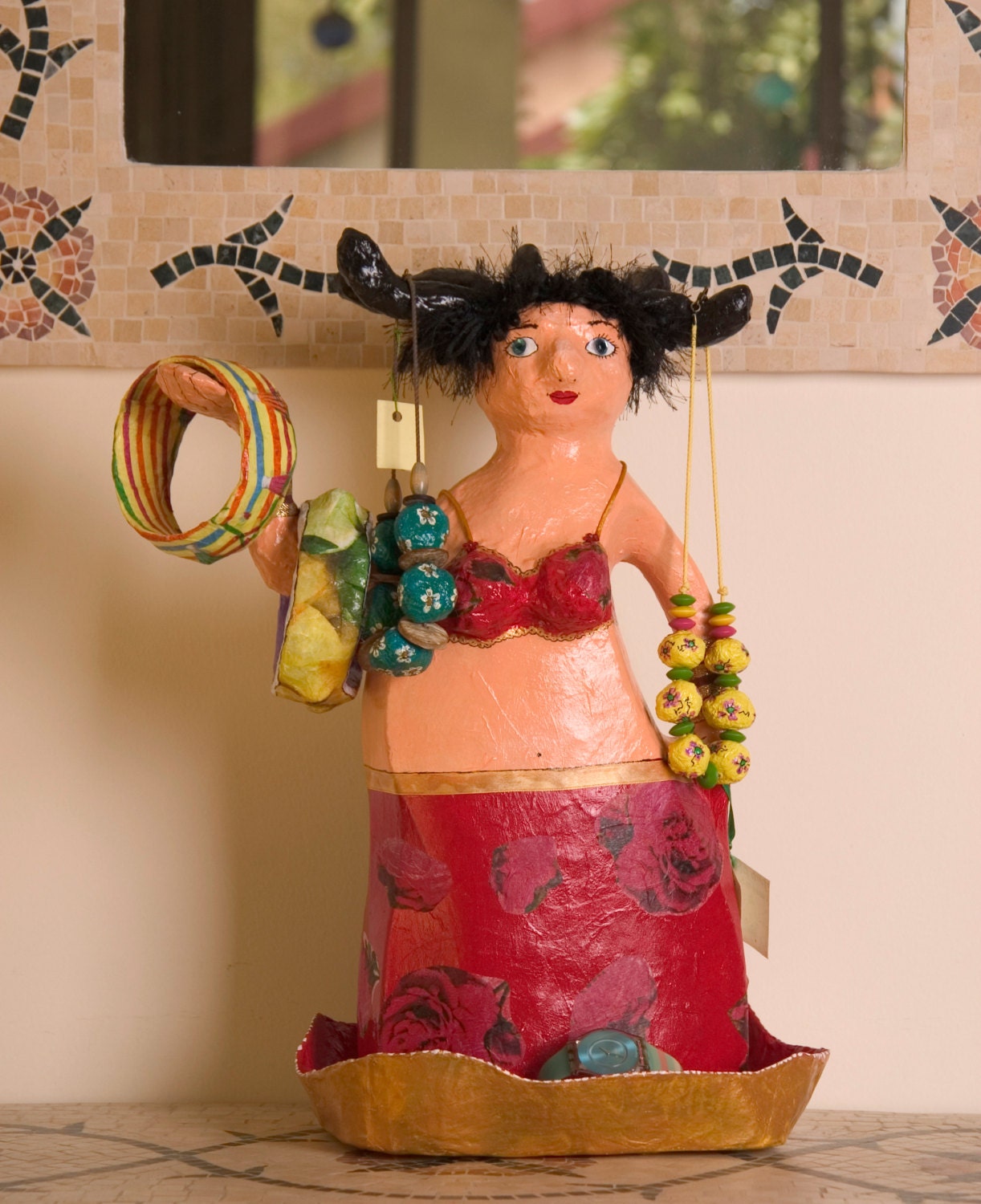 Whimsical jewelry stand, upcycled paper mache red doll, eco chic home decor, jewelry display, gift under 50