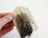 Feather Rhinestone Earrings Black and White Polka Dots