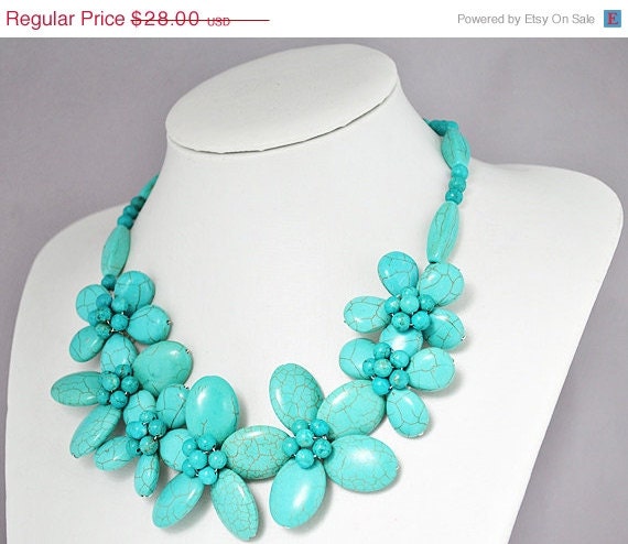 Chunky Turquoise Necklace,Flower Turquoise Necklace,Statement Necklace - 19.3 Inches Bluish Green Turquoise Necklace(FN0498)