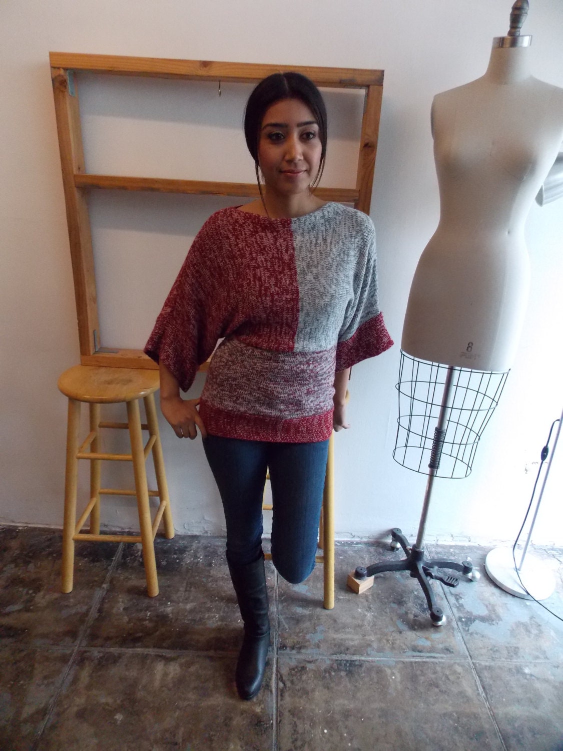 Vintage Bat Wing SWEATER - Red & Grey, Desert Chic, Blocked