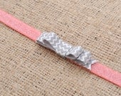 GLITTER Collection: Mini Grey Chevron Bow on Watermelon Glitter Elastic Headband