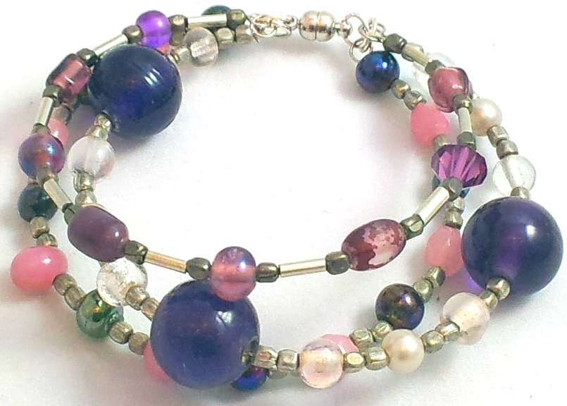 Handmade, One of a Kind Bangle Bracelet, Memory Wire, Glass, Metal, Pearl Beads, Magnetic Clasp 8.5in, Fast Shipping