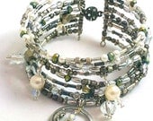 Beaded Bangle Memory Wire Bracelet in Silver, Black and Pearly White, Mermaid Charm, Crystals, Magnetic Clasp, 8.5in, Fast Shipping