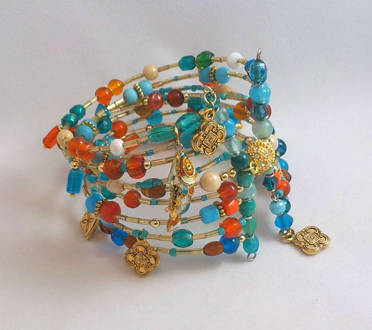 Handmade, One of a Kind, Turquoise, Orange and Gold, Beaded Multi Bangle Bracelet, Memory Wire,  Magnetic Clasp, 8.5in, Fast Shipping