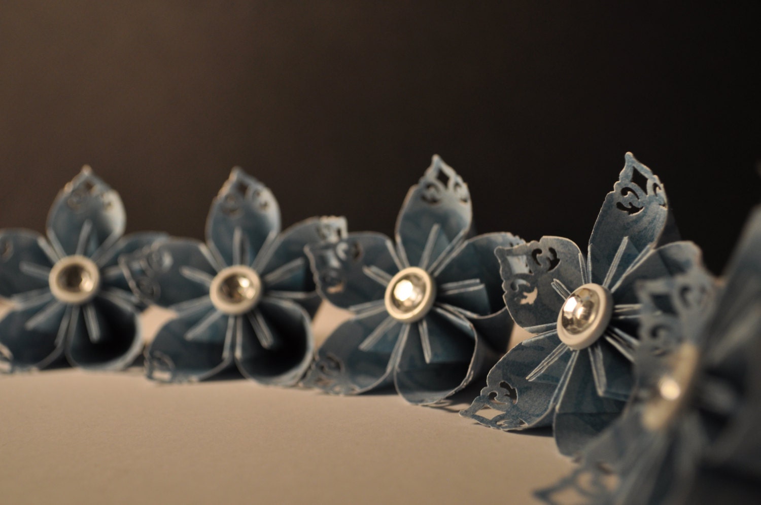 Blue Patterned with Rhinestones and Premium Edges Origami Paper Flower Set - Wedding, Bridal, Decoration, Centerpiece, Set of 6
