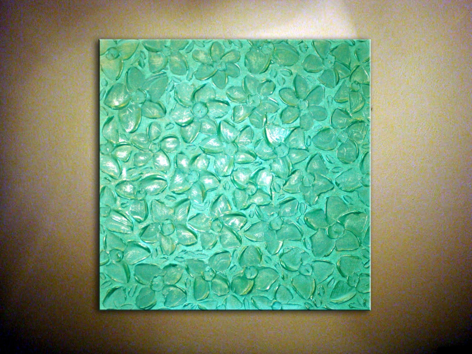Original Modern Abstract Heavy Textured Metallic Painting on Canvas.Palette Knife.Turquoise Flowers.Ready to hang....- by Nata S.