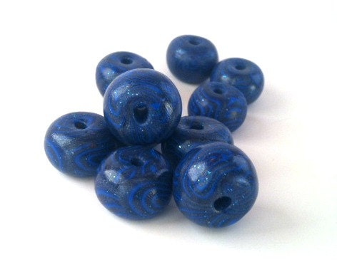 10pcs - Blue Swirl Beads - Round Polymer Clay Fimo Beads