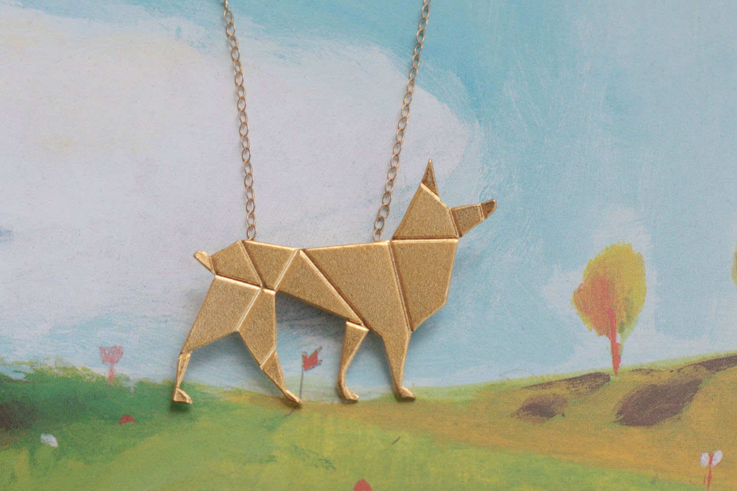 Gold Origami Necklace, Wolf Necklace, Paper Jackal Jewelry, Urban Modern Necklace By Jools