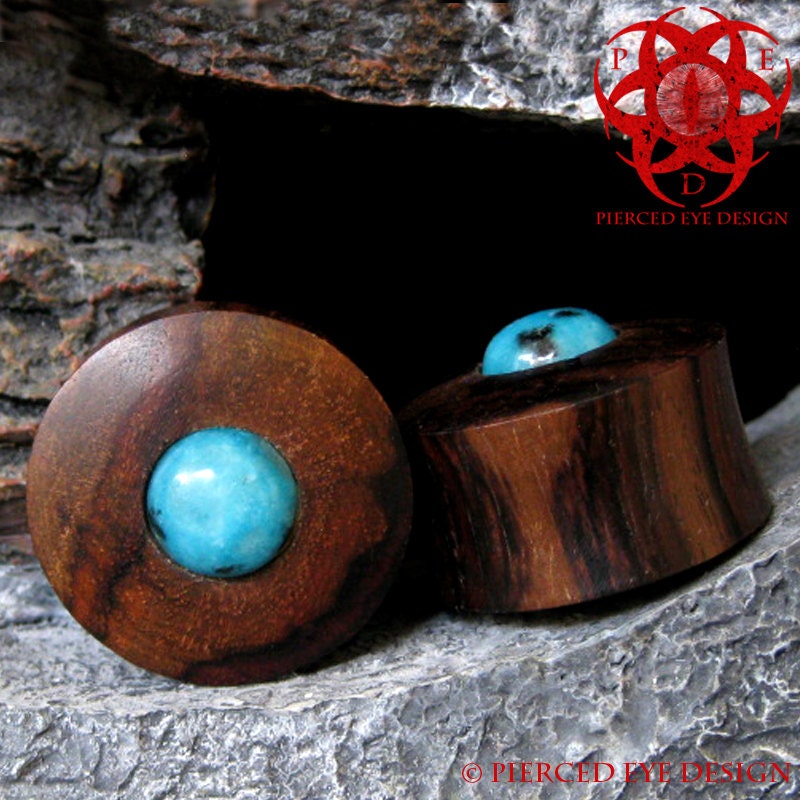 Ear Plugs 1" piercing Sono Wood Turquoise Jasper Inlay Gauges