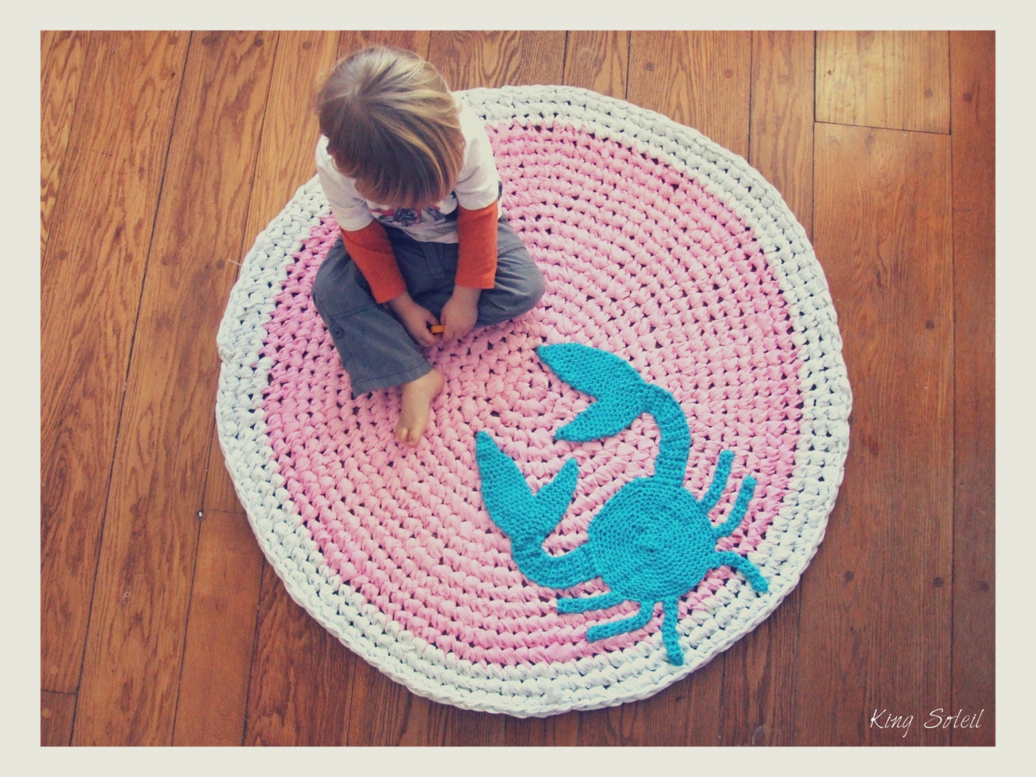 Custom Crochet Crab Rug Cotton Pink, Teal, and White Round Circle Rug Custom Colors Nautical Nursery Kids Rug