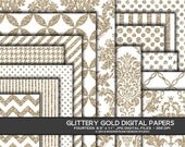 INSTANT DOWNLOAD Glittery Gold Digital Backgrounds Digital Scrapbooking Paper damask chevron quatrefoil stars stripes 8.5x11 or 12x12 or A4