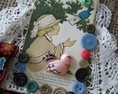 Vintage Inspiration supply lot, postcard of girl and blue bird, woven ribbon, vintage Buttons, Altered Art DIY kit, Mixed Media, Collage PK3
