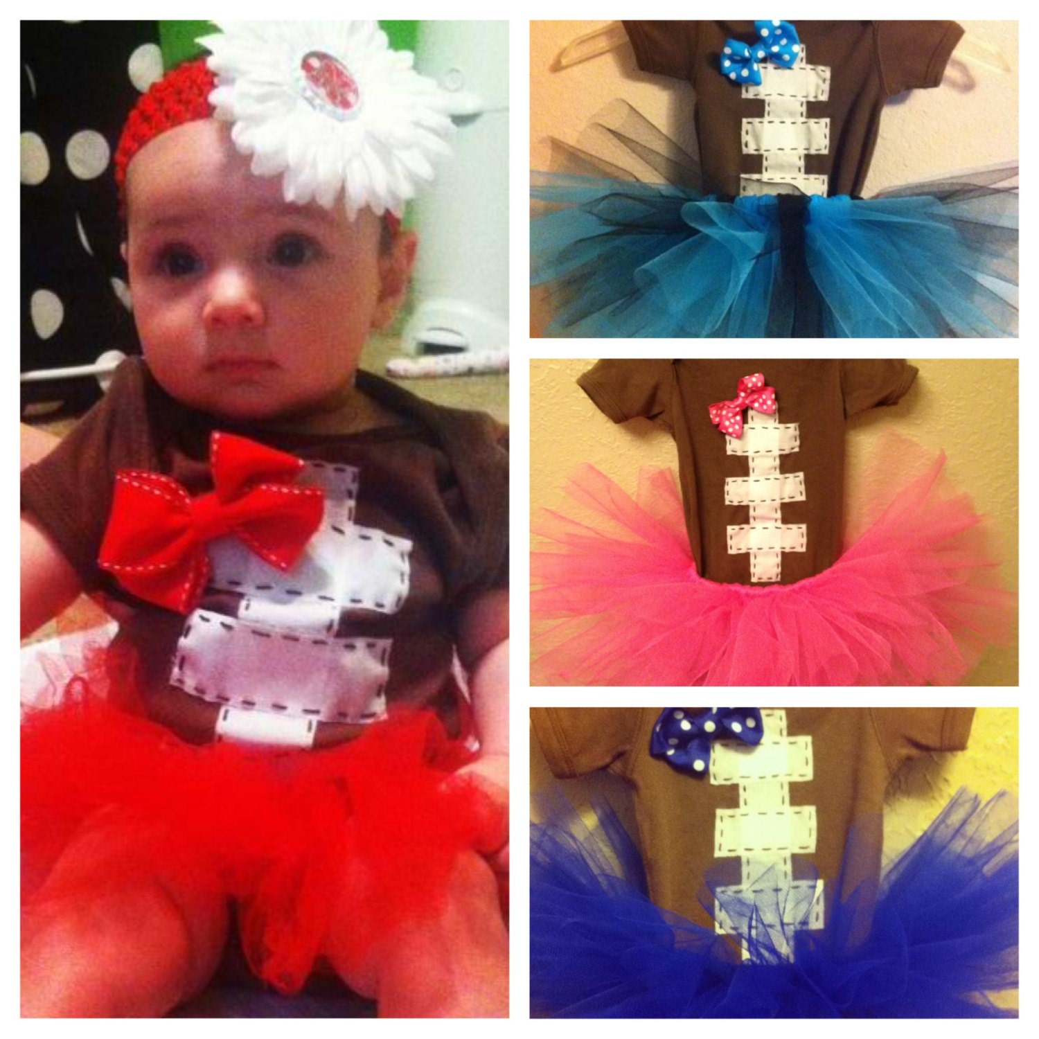 Football baby onesie and tutu With matching hair bow in sizes: newborn, 0-3mo, 3-6mo, 6-12mo, 12-18mo(t-shirt),or 18-24mo