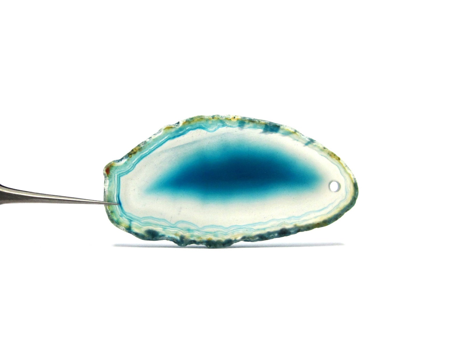 Agate Slice with Drilled Hole for Wire Wrapping and Jewelry Making, Turquoise Blue 57mm x 30mm (Lot No. 3789) Bright