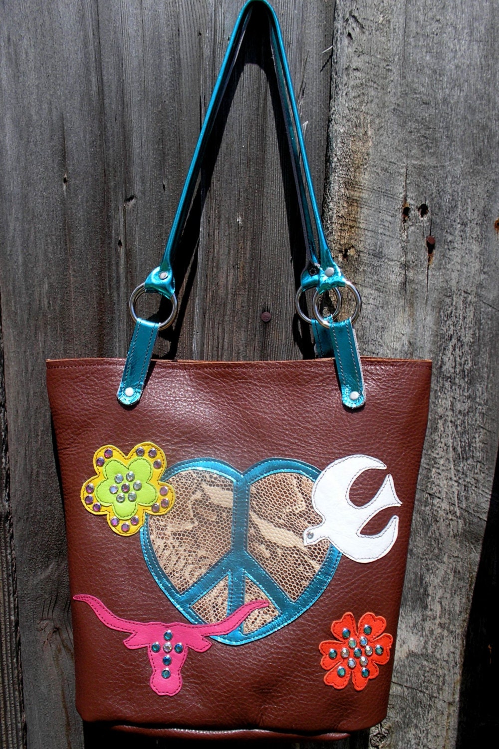 Western Cowgirl Hippie Gypsy Longhorn Peace Leather Handbag Purse Tote Custom