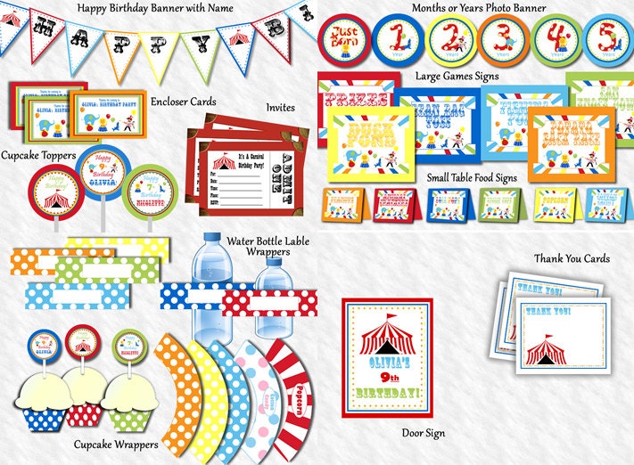 Carnival Birthday Party Personalized, Circus Birthday Party one tem Printable DIY Invite Thank You, Signs, Banners, Toppers (Personalized) Il_170x135