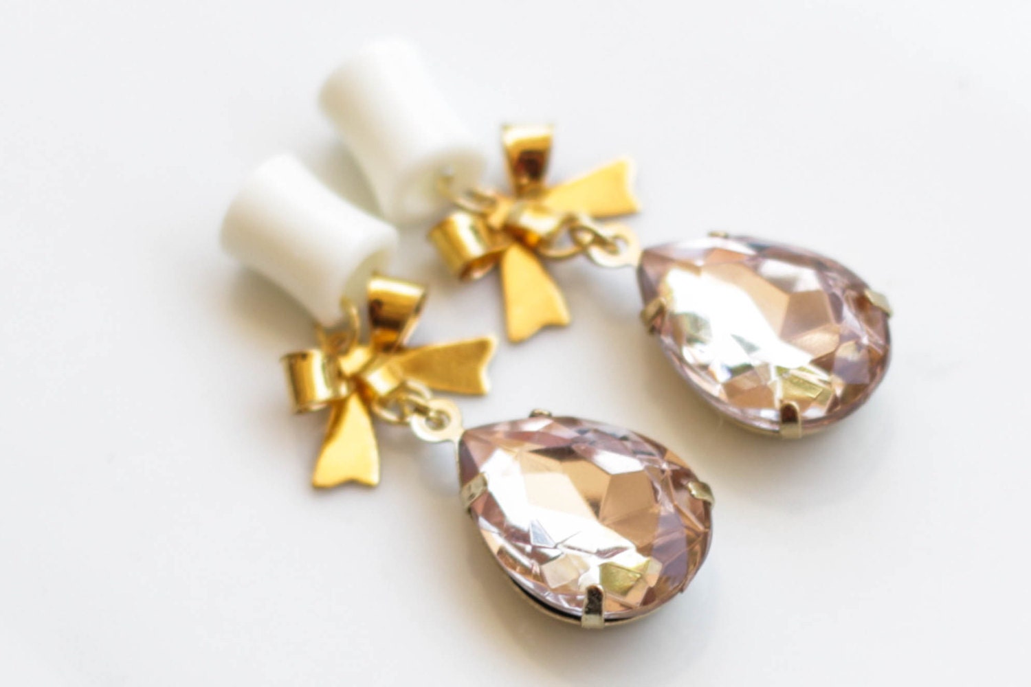 4g-5/8" Sparkly Peachy Pink Resin Stone with Gold Bow Organic Bone Dangle Plugs Tunnels