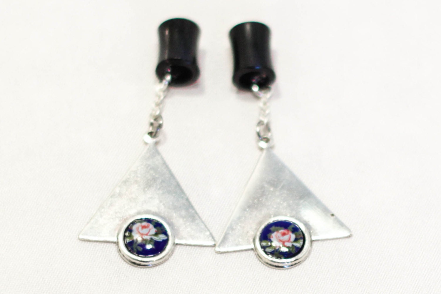 4g-5/8" Silver Triangle with Japanese Flower Design on Organic Bone Dangle Tunnel Plugs