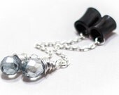 4g-5/8" Light Blue Glass Crystal on Long Silver Chain on Organic Bone Dangle Tunnel Plugs