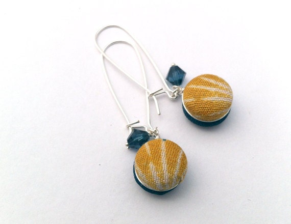 Kimono Droplet Earrings, Citrine Yellow, Blue, Silk, Sterling Silver