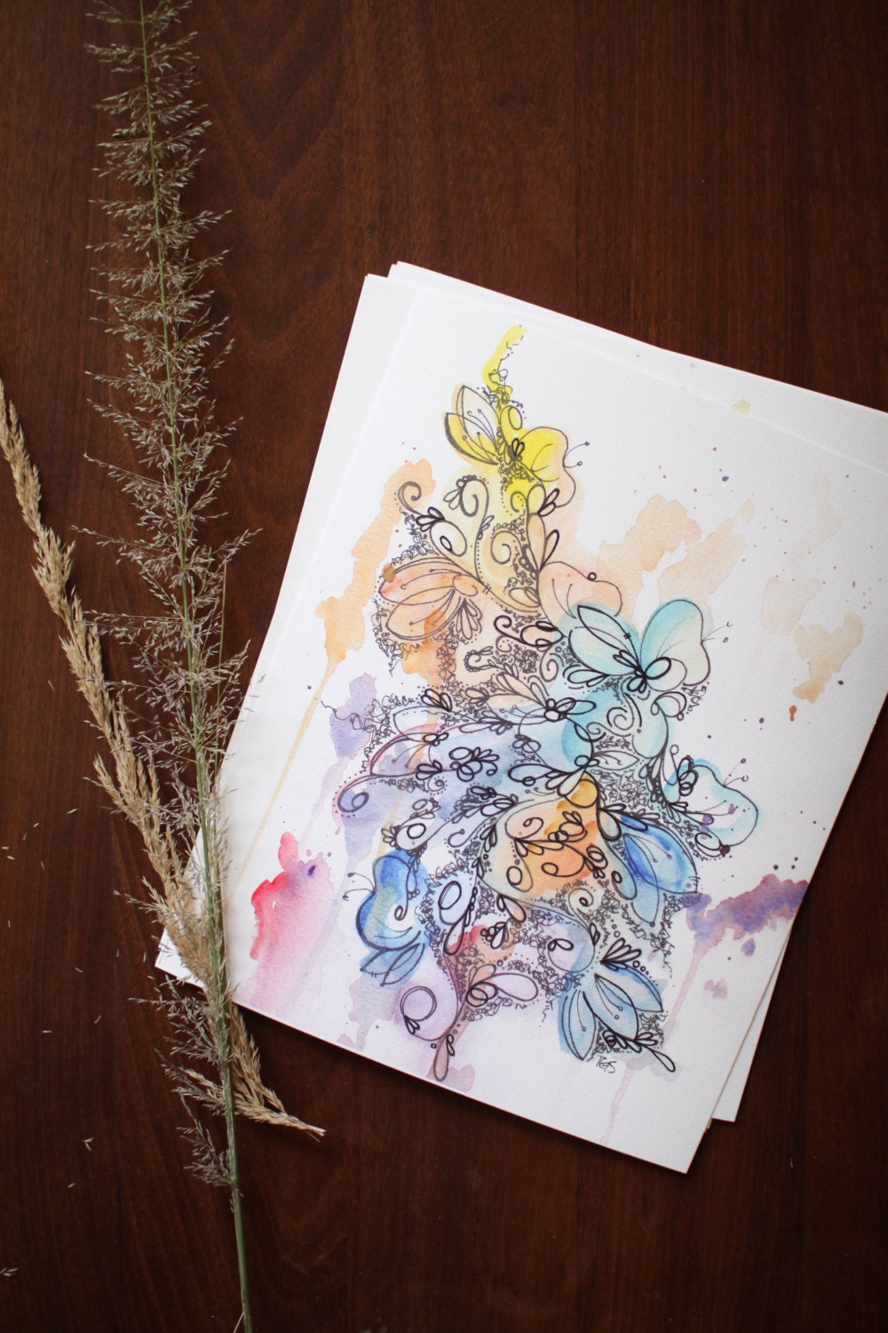 Illustrative Watercolor Abstract Giclee Print - Bold Colorful Flowers - 8 x 10