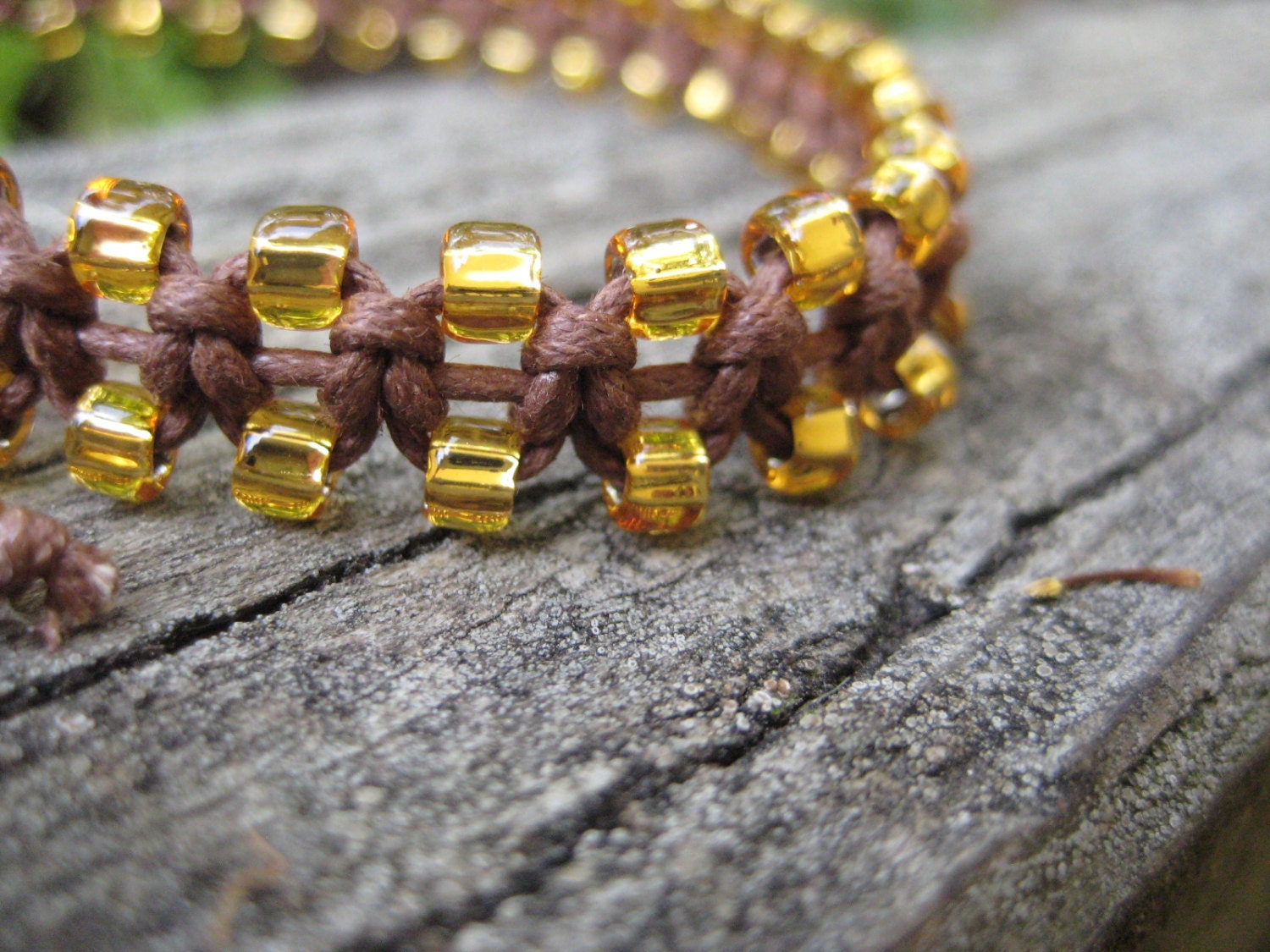 Brown Macramé Bracelet with Golden Beads