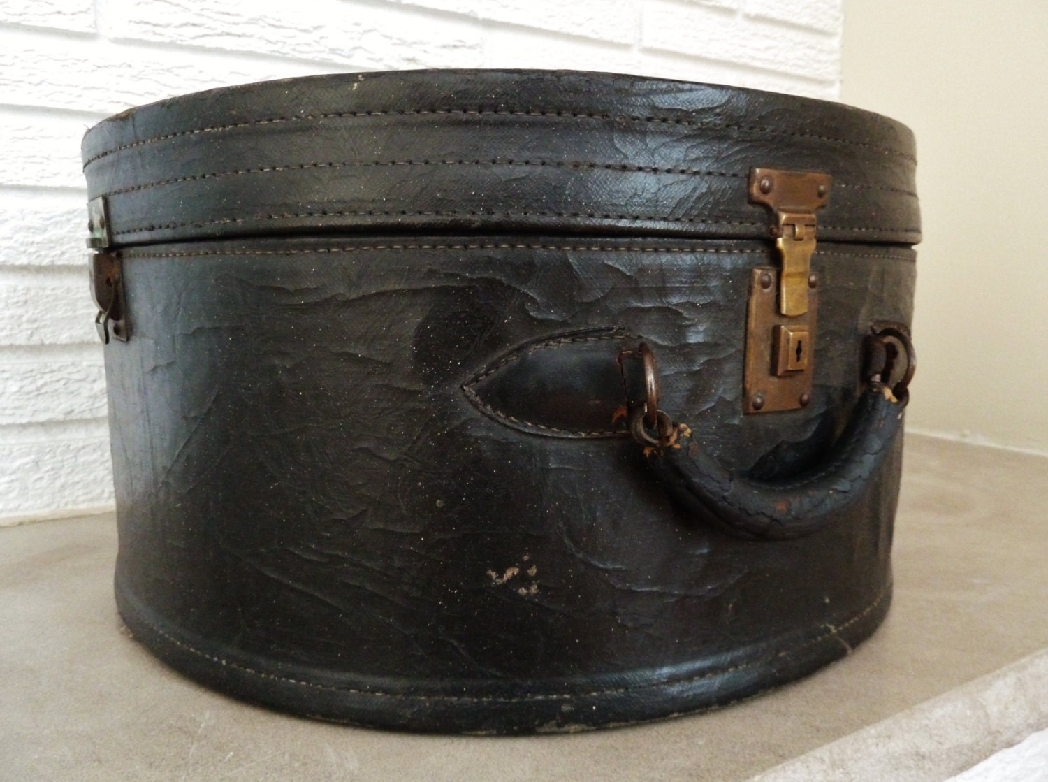 Reserved Black Leather Antique Hat Box - Suitcase