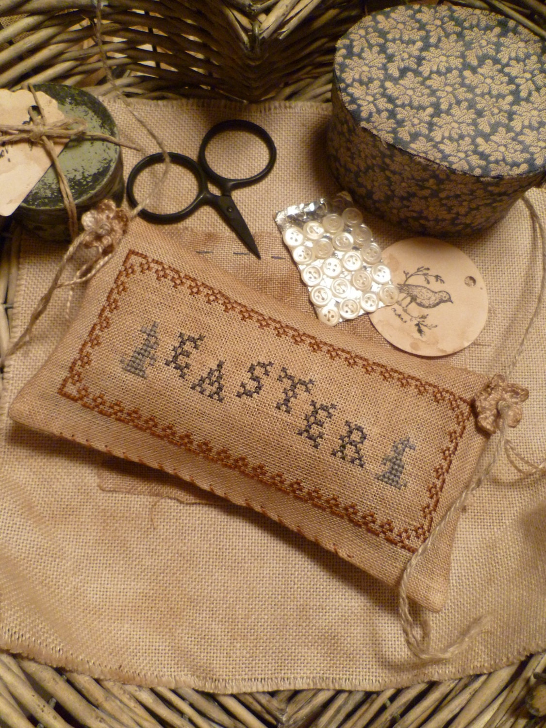 Primitive Cross Stitch EASTER - E-Pattern PDF- Easter  Twin Bunnies - by The Blue Attic