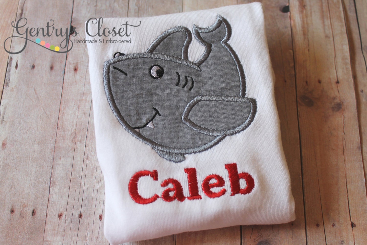 Baby Shower Onesie or Toddler Shirt. Shark applique with personalized name. Monogrammed. Handmade embroidered infant bodysuit.