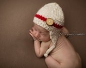 off white red baby  boy knitted earflaps hat, newborn photography prop, baby shower gift, baby photo prop, infant earflap beanie