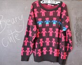 vtg TEEN sweater, BEARS, hot pink on black, kitschy, ugly sweater, punk, xs-s ladies
