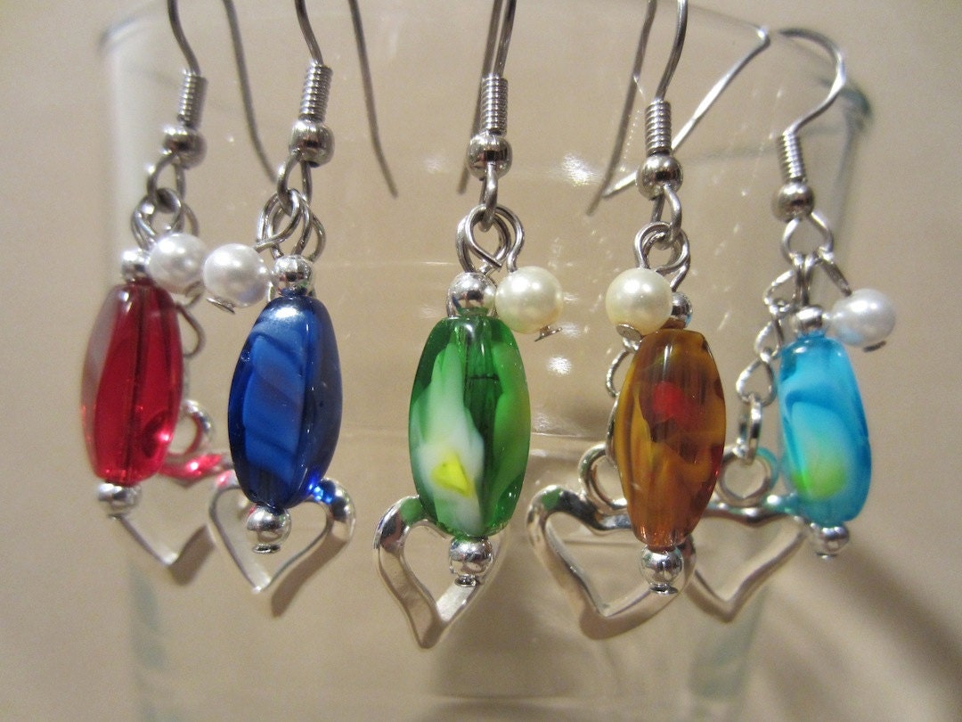 Handmade Silver Open Heart Charm, Aqua Glass Bead & Pearl Chain Dangle Earrings Fashion Jewelry Multicolor Summer Fun
