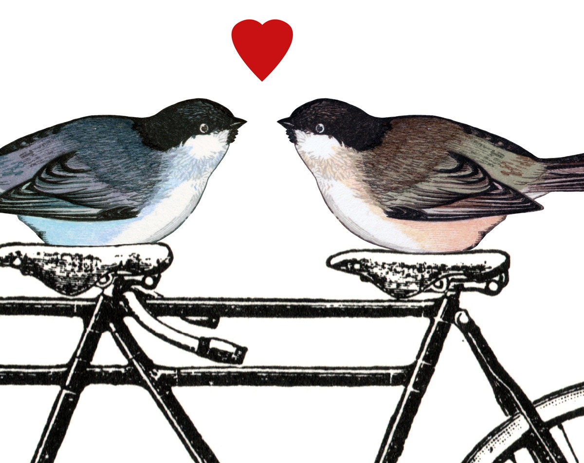 VALENTINE love print - LARGE ARCHIVAL art print - 13 x 19 - tandem bicycle, birds and heart - digital collage