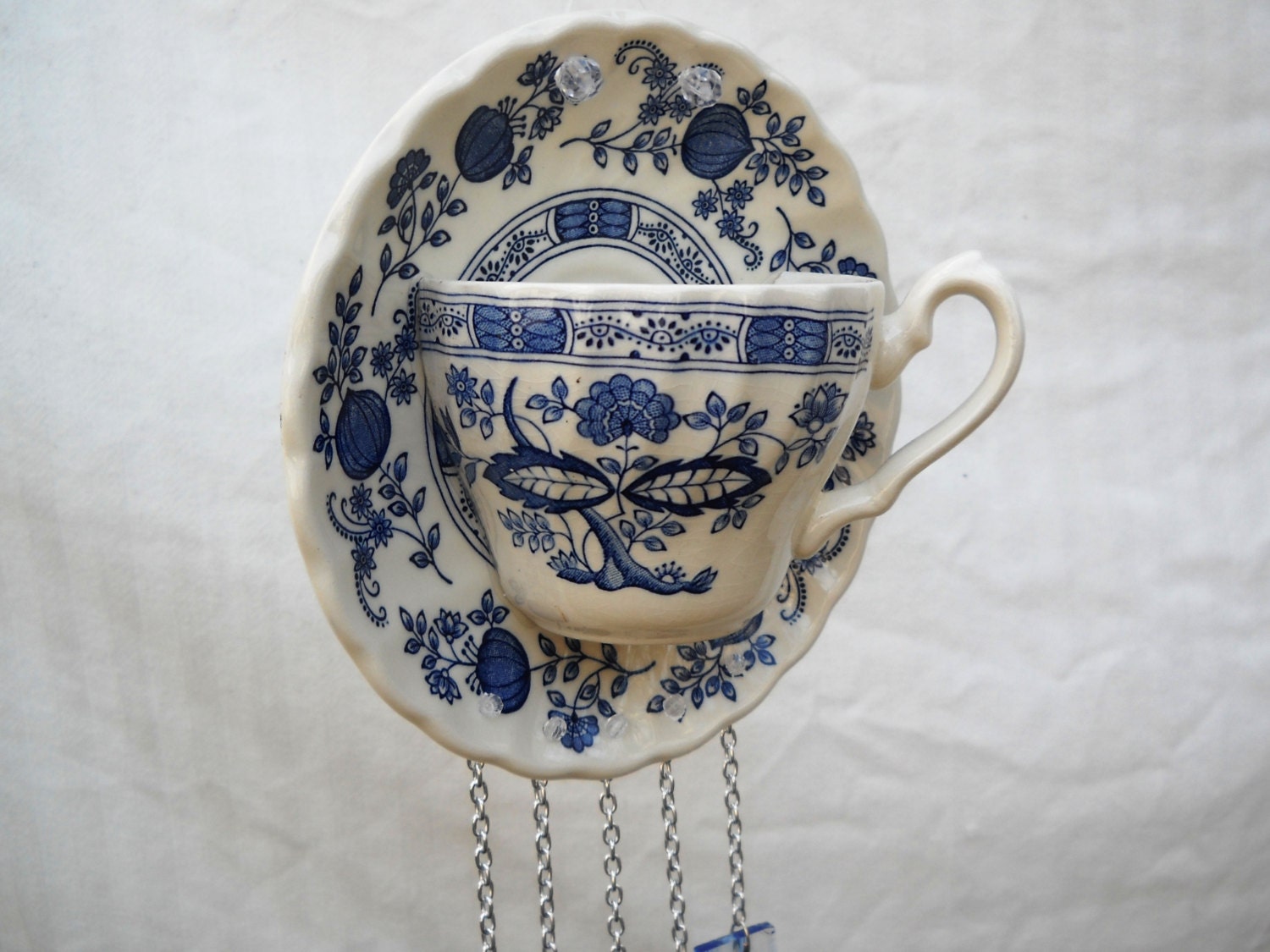 Glass Wind Chime with Vintage Blue Onion Tea Cup and Saucer Windchime