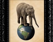 Baby Elephant  Travels The Globe Giclee Print - Vintage Retro Inspired - Collage Art Print -  8x10 Art Print Poster