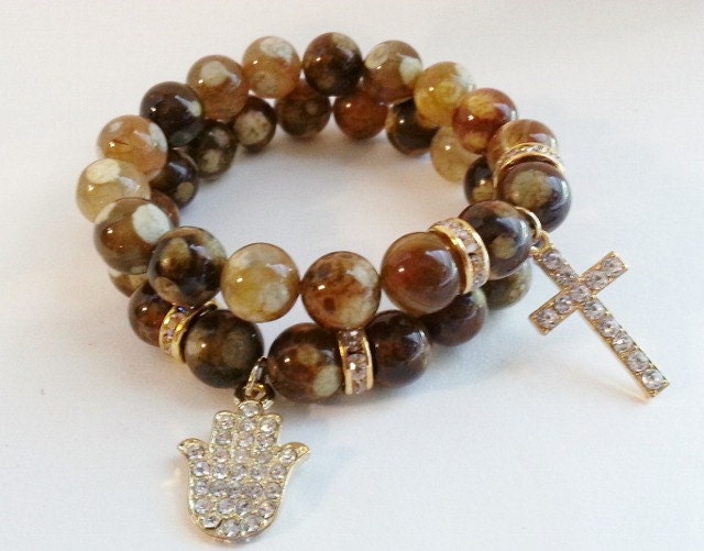 Earthtone Browns Agate Beaded Stretch Bracelet Hamsa