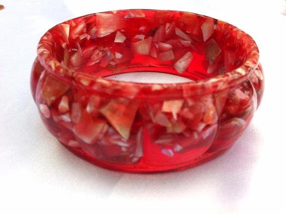 Molded Fruit Salad Cherry Celluloid Bracelet with Seashells. So Cool.