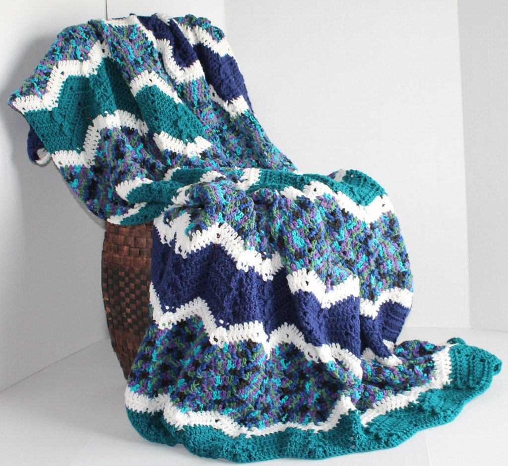Afghan - Handmade Ripple Crochet Blanket - Peacock Blues and Teals