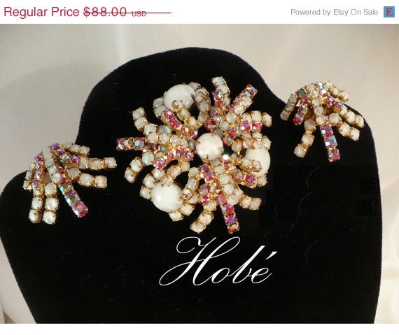 Vintage Hobe AB Rhinestone & White Givre Stone Brooch, Earrings - Atomic, Tiered