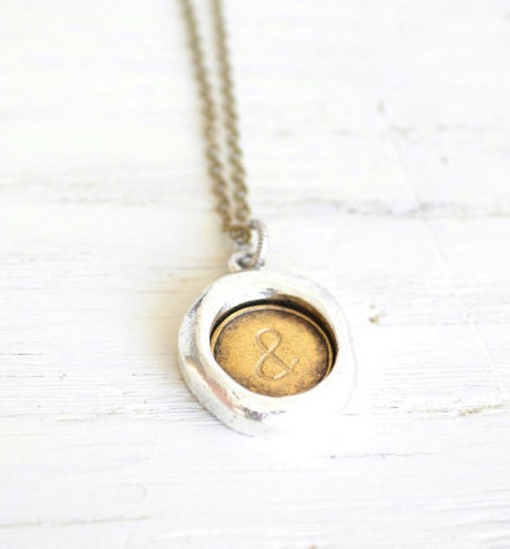 Ampersand silver and gold pendant on long antique brass chian - rustic inspired gift for her, bridal party gift - handmade in the USA