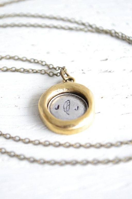 Feather and initial stamped rustic pendant - personalized bohemian inspired long chain necklace made by hand in the USA by White Truffle