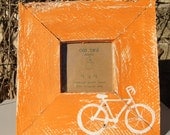Orange/white 4x4 distressed picture frame from reclaimed wood with bicycle - oddbirddesigns
