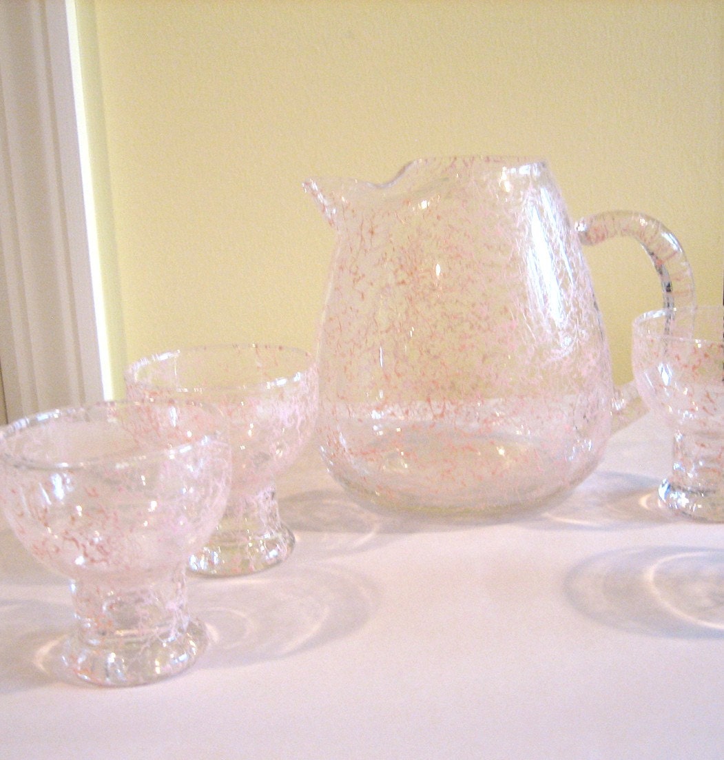 Vintage Pink Drizzle Spaghetti String Cocktail Set Atomic Mid Century Retro Glassware