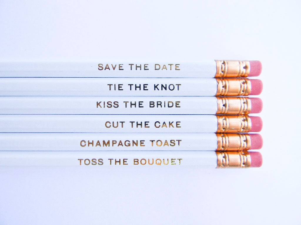 Wedding Pencils- White & Gold, Set of 6