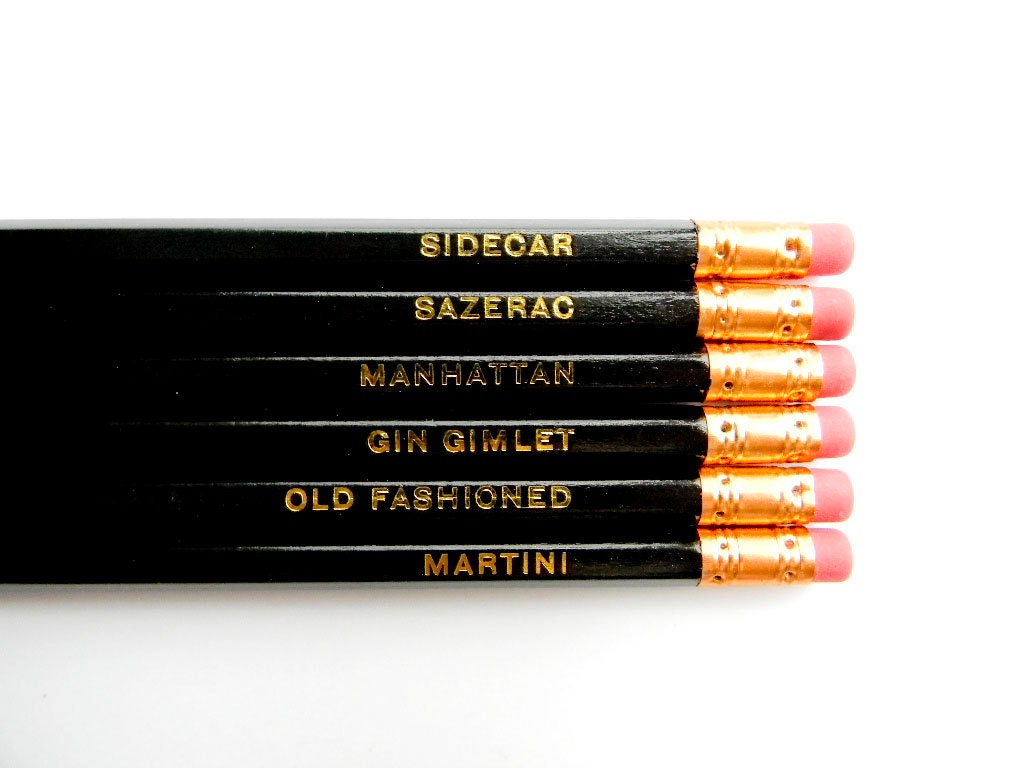 Classic Cocktails Pencils, Black & Gold- Set of 6