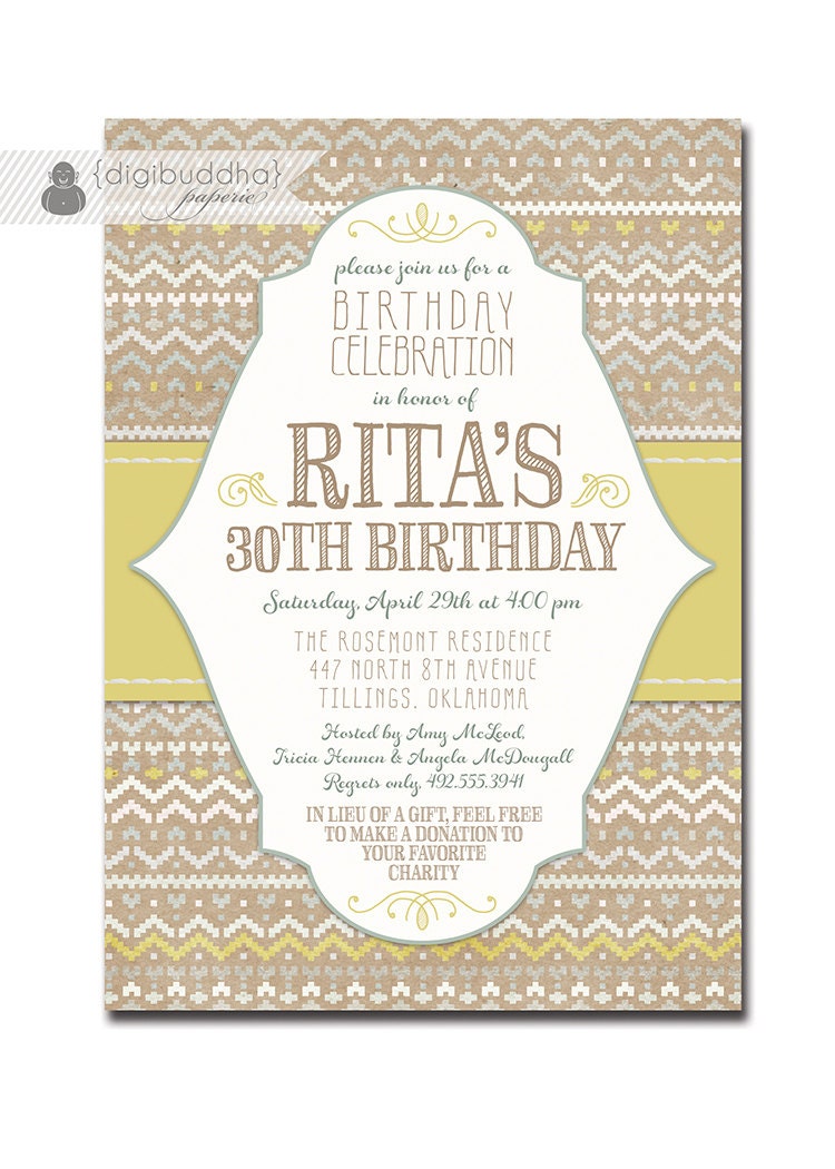 Birthday Invitation Pastel Folk Knit Rustic Kraft Paper Shabby Chic Adult 30th 40th 50th 60th Printable DIY or Printed - Rita Style